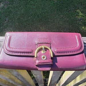 Coach Plum Leather Buckle Clutch Wallet — Gold Hardware